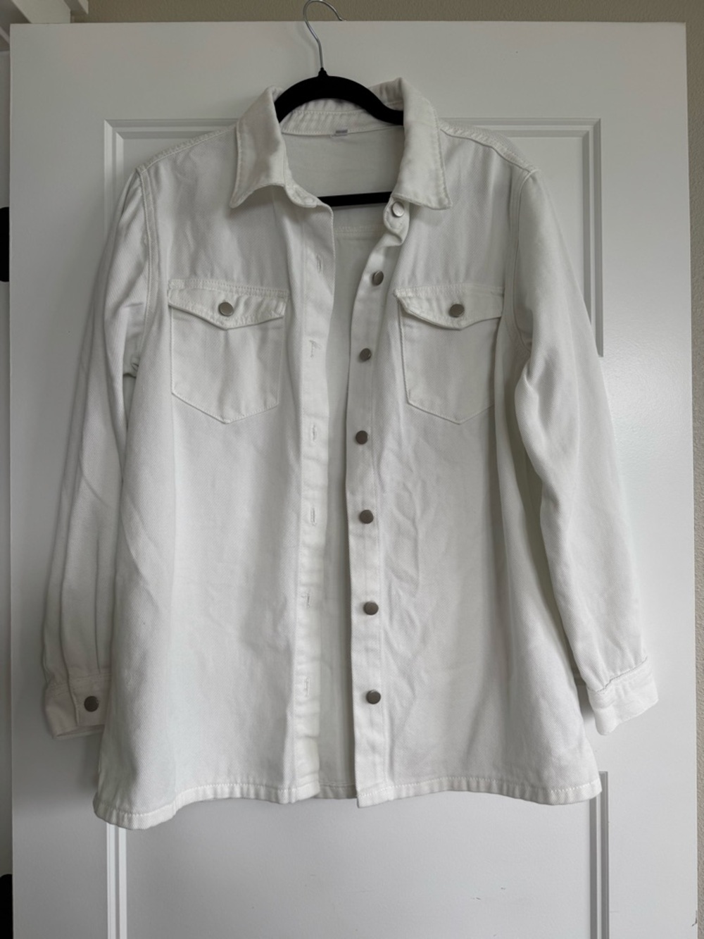White Denim Oversized Shacket Button Up Pockets Cotton Jean Jacket Shirt